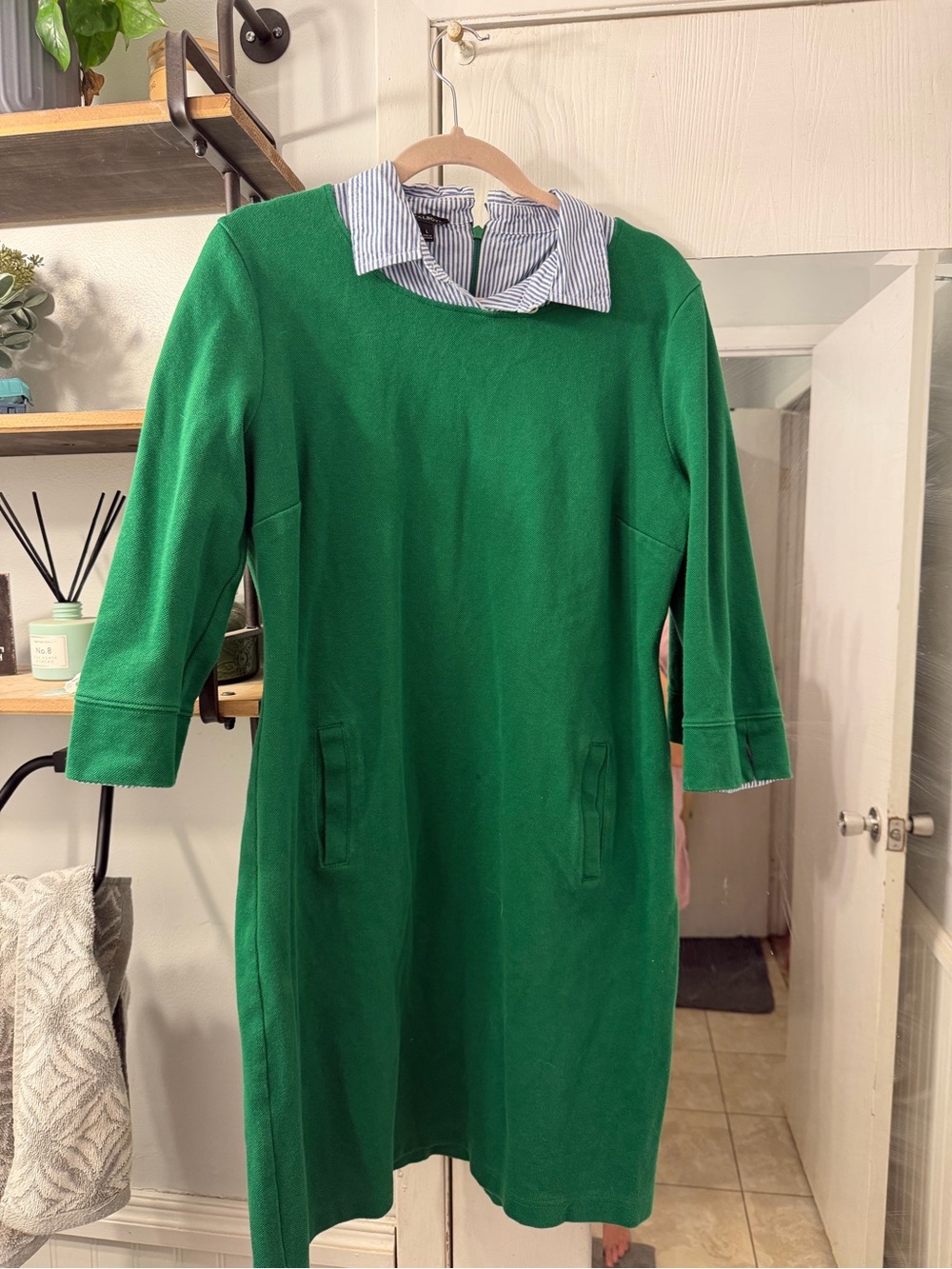Talbots Emerald Green Shift Dress with Striped Collar Detail